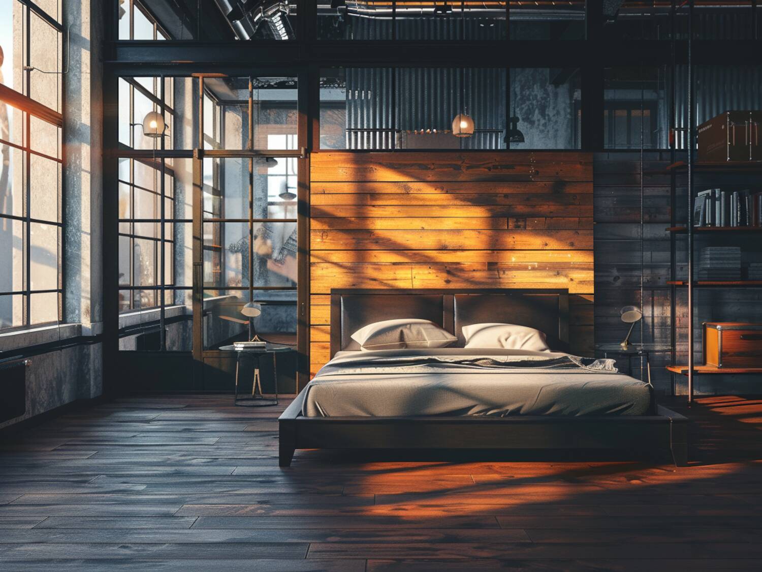 10 inspiracji na urządzenie sypialni w stylu industrialnym z dodatkami z drewna