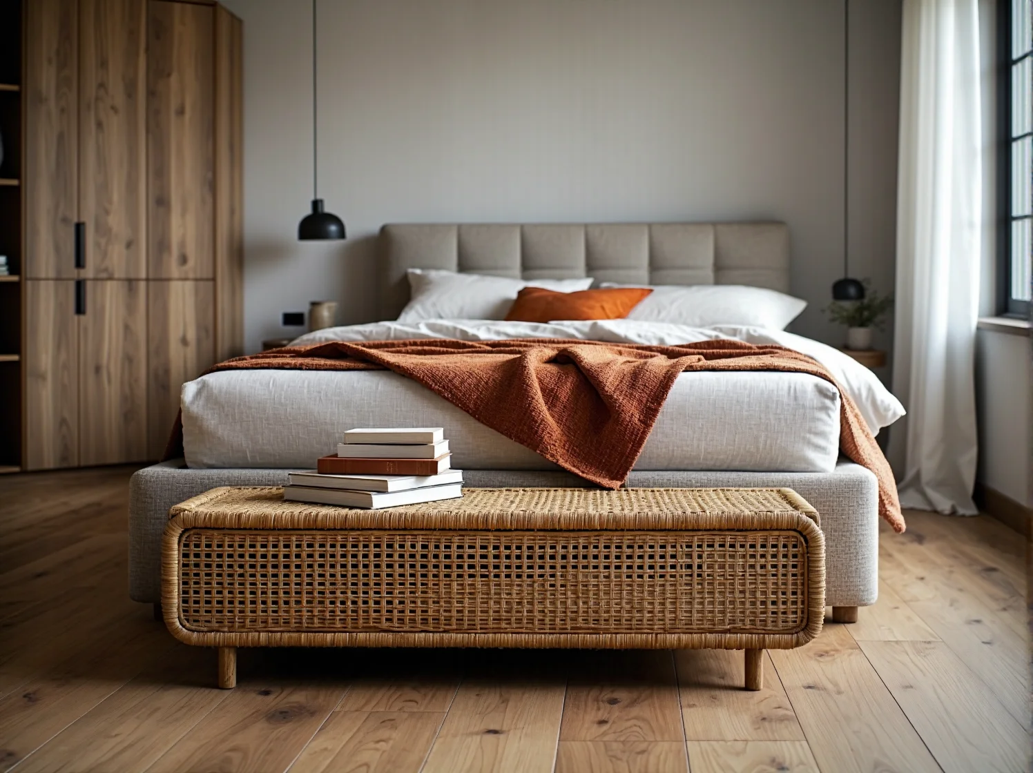 Wąska sypialnia z łóżkiem kontynentalnym i funkcjonalnym układem mebli.