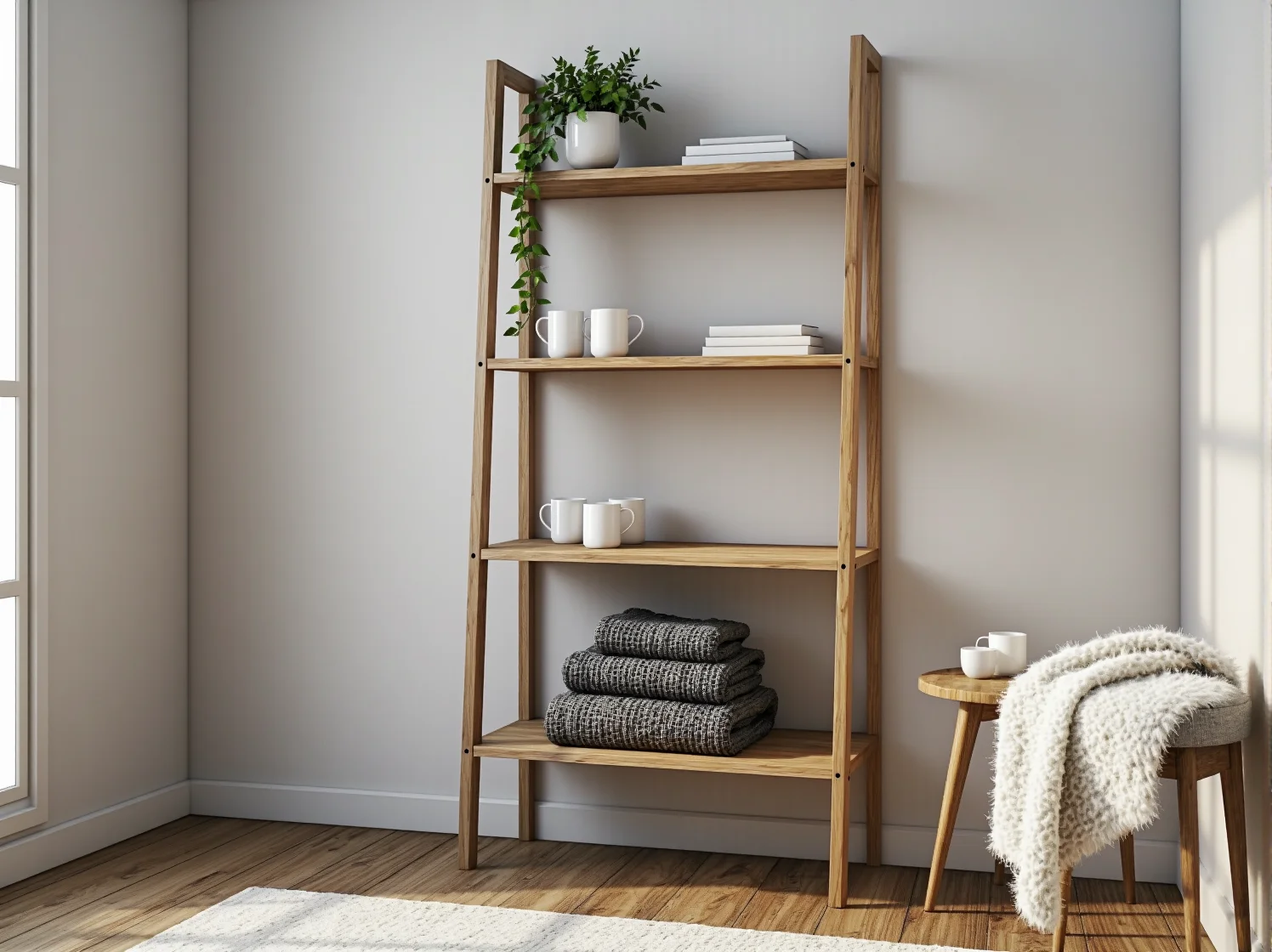 Praktyczny i trwały regał na książki w jasnym, skandynawskim pokoju.