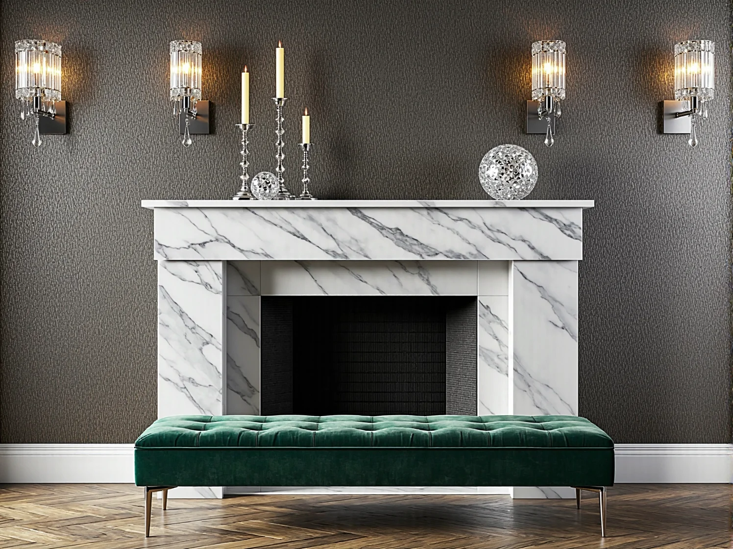 Nowoczesna aranżacja salonu glamour z błyszczącymi poduszkami i oświetleniem.