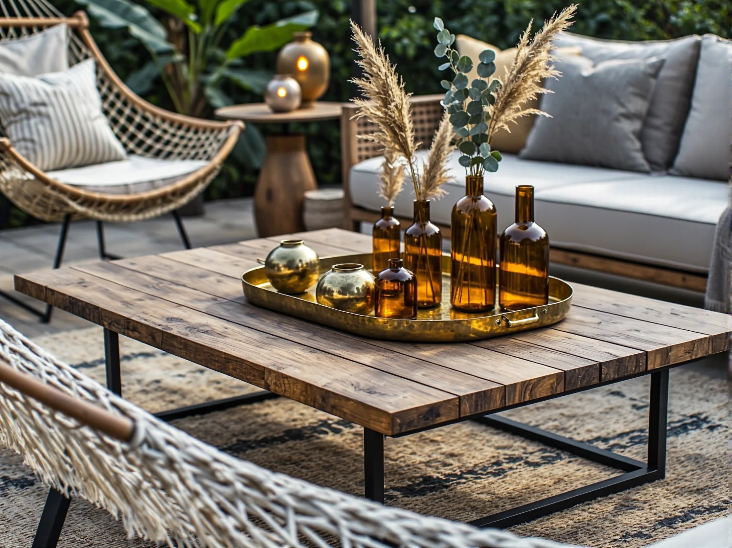 Strefa relaksu na balkonie boho z poduszkami, makramą i ciepłym światłem.