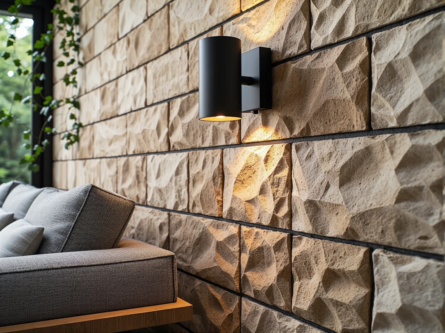 Ciepła barwa światła kinkietów zewnętrznych na elewacji z naturalnego kamienia.