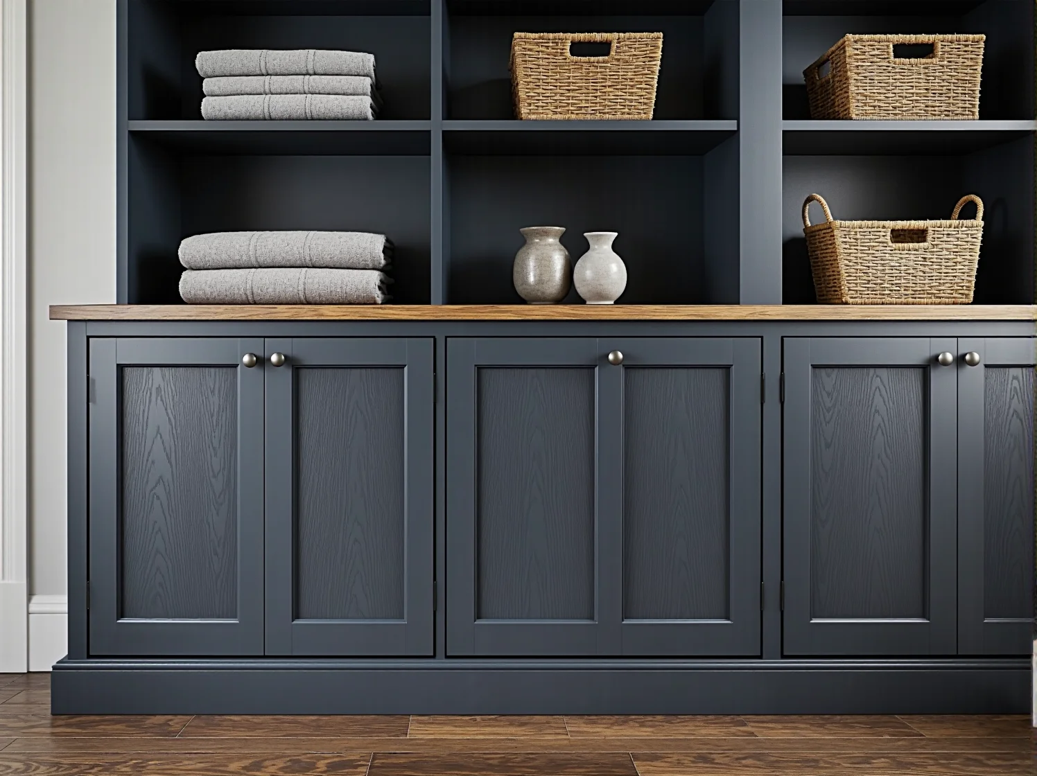 Biały regał idealnie dopasowany do jasnego wnętrza i eleganckich proporcji.