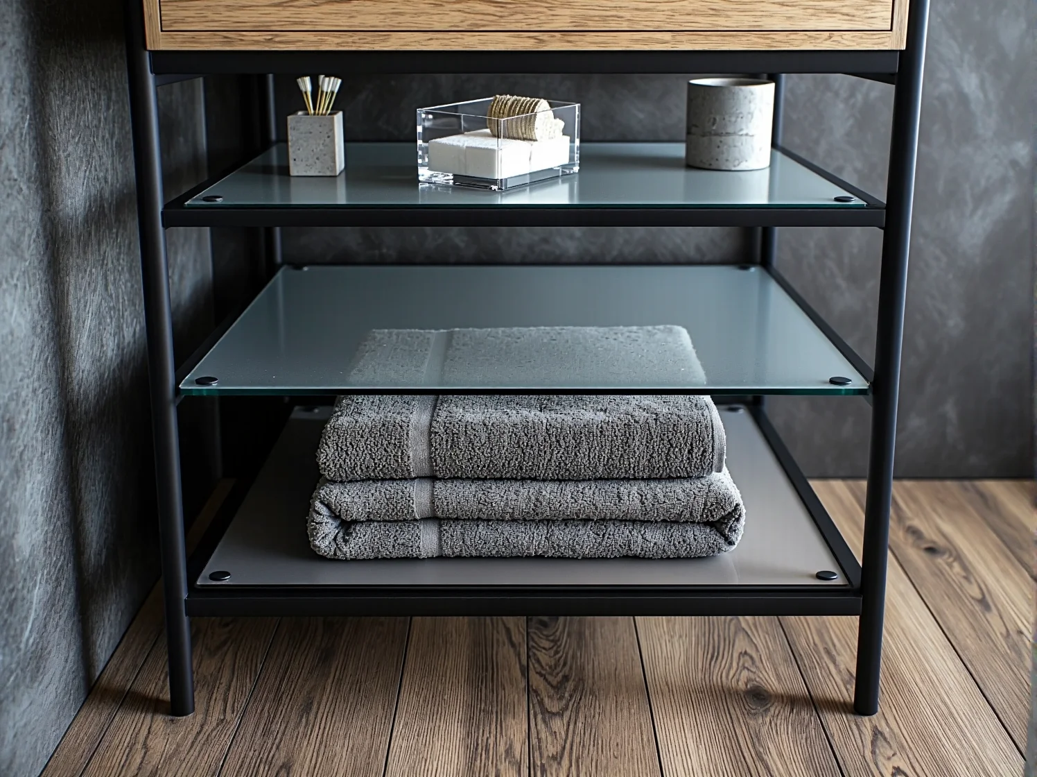 Biały regał narożny do łazienki z półkami pełnymi ręczników i roślin doniczkowych.