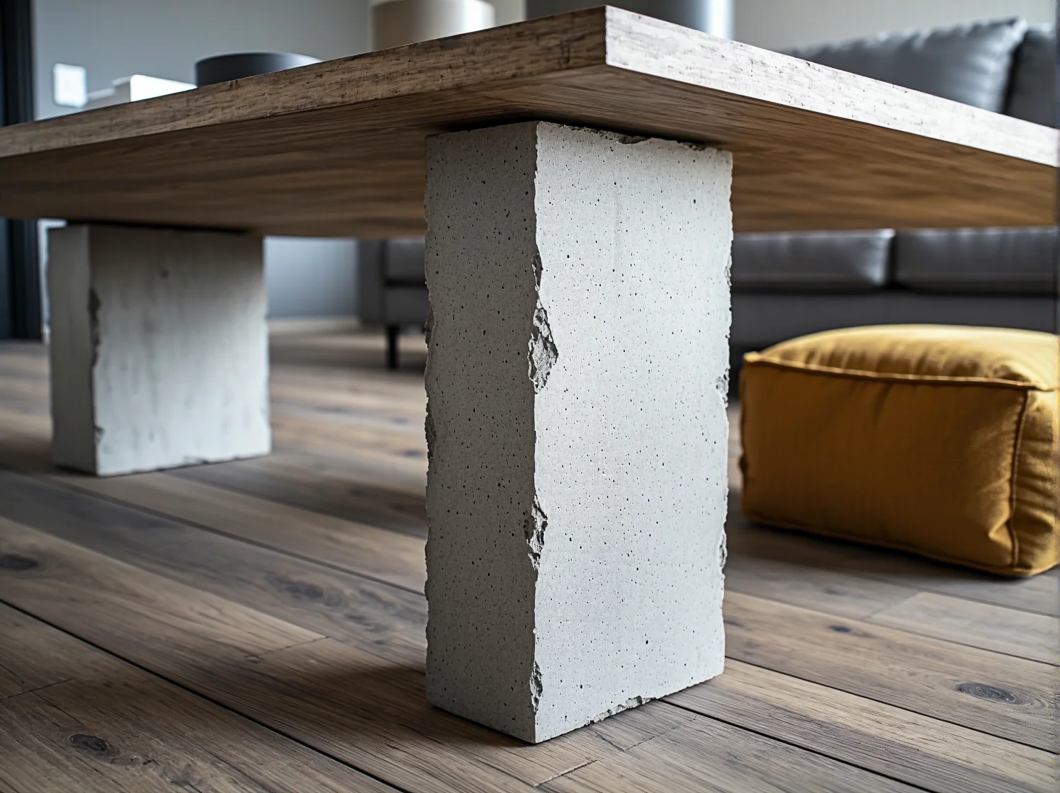 Biodegradowalny stolik kawowy o unikalnym designie w otoczeniu domowych roślin.