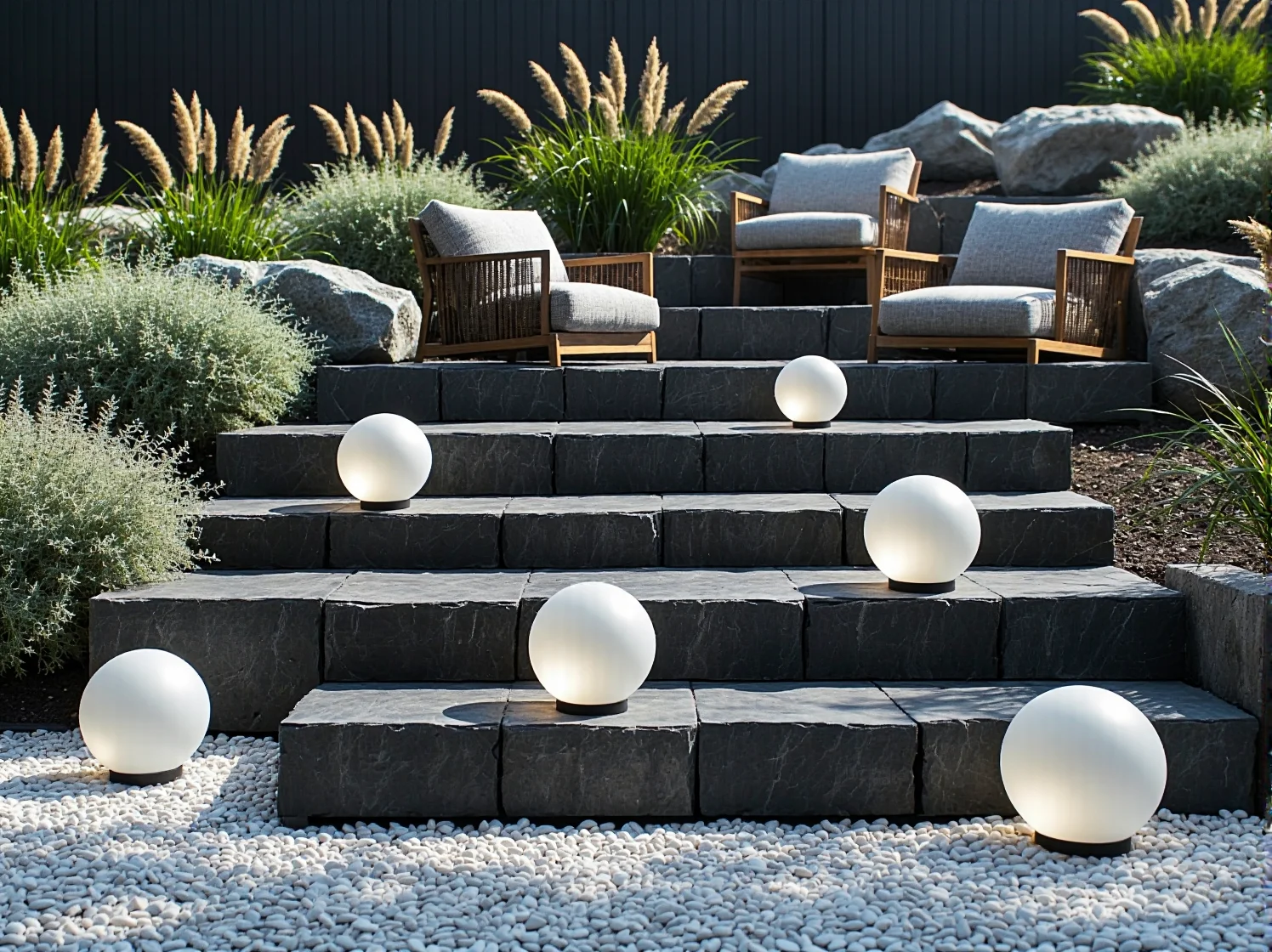 Ciepła barwa światła eksponująca fakturę kamieni w ogrodzie skalnym