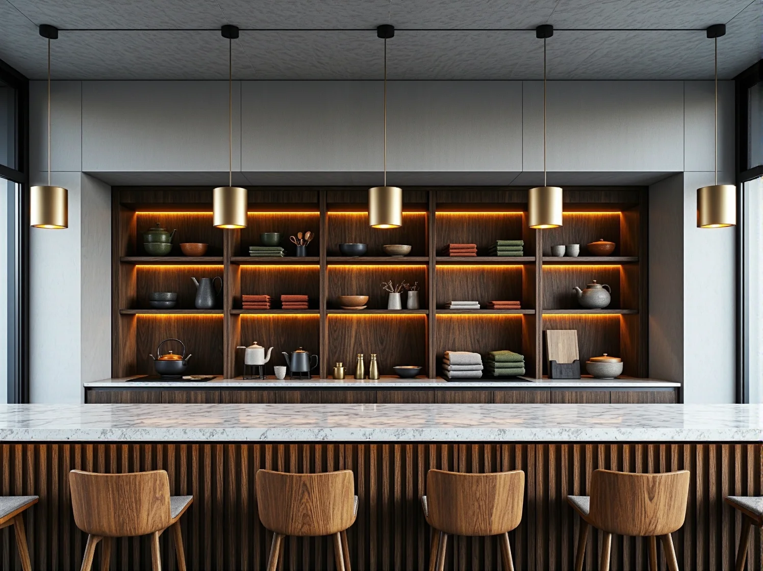 Ciepła barwa światła w wyciszającym wnętrzu restauracji japandi