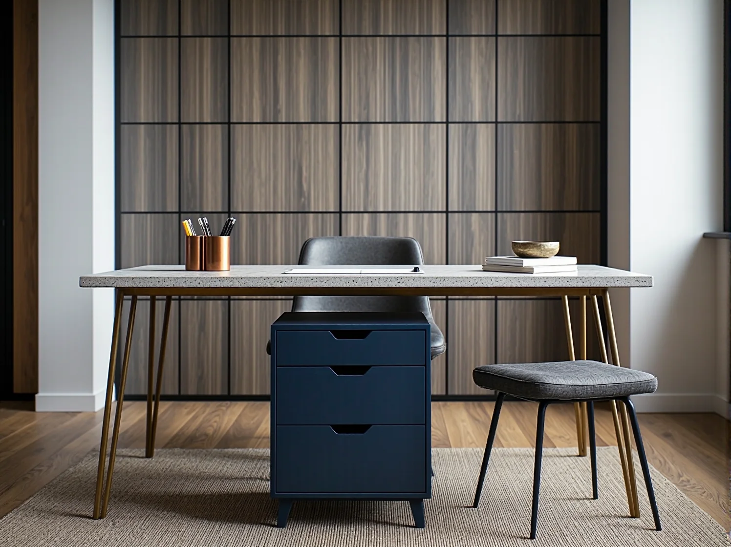 Ciepłe akcenty ocieplające surowe meble industrialne w salonie.