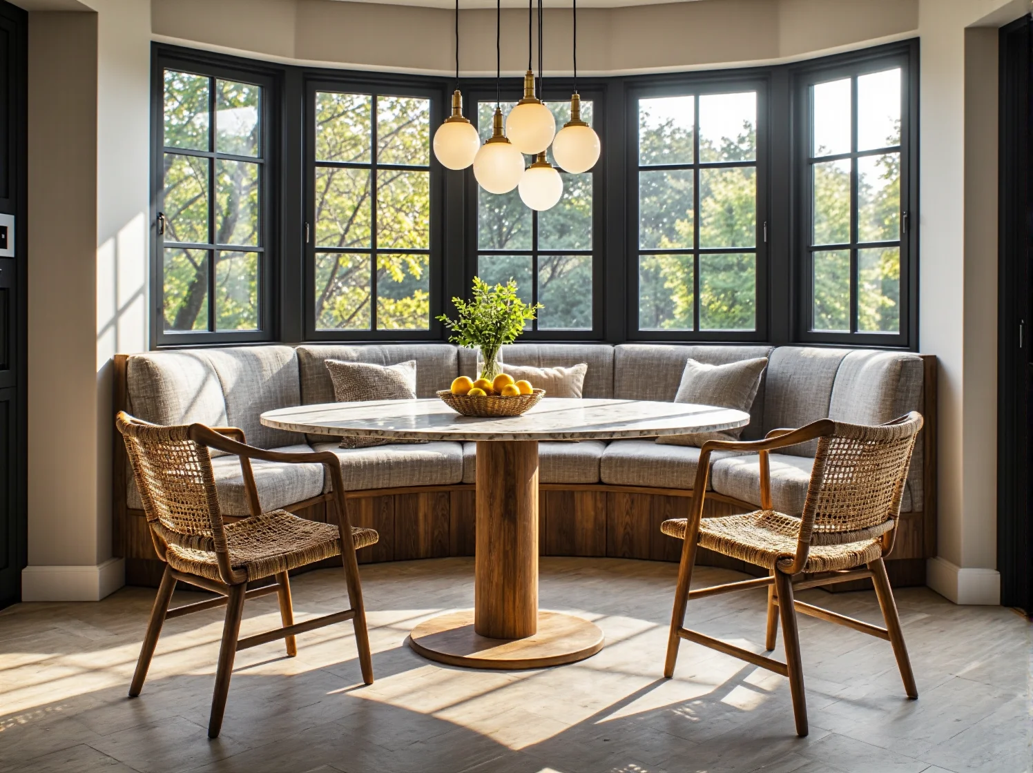 Czarne lampy wiszące kontrastujące z białymi meblami kuchennymi.