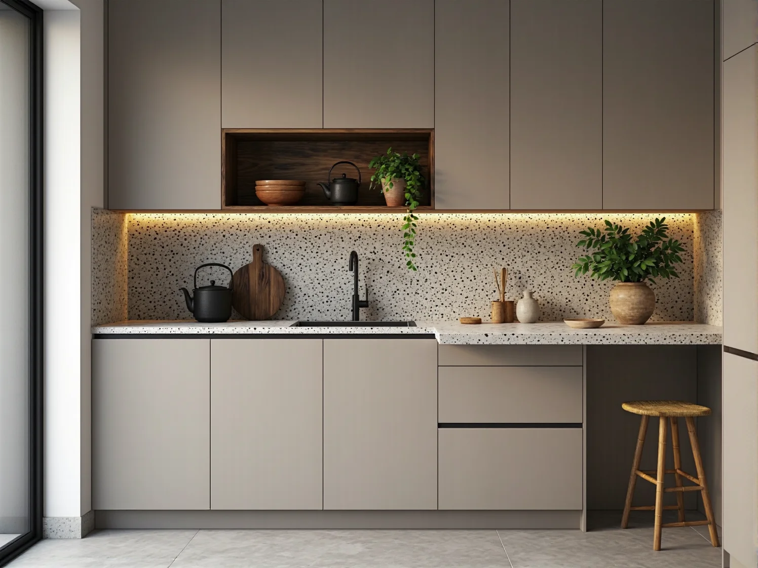 Japońskie dekoracje, ceramika i rośliny w jasnym, funkcjonalnym wnętrzu japandi.