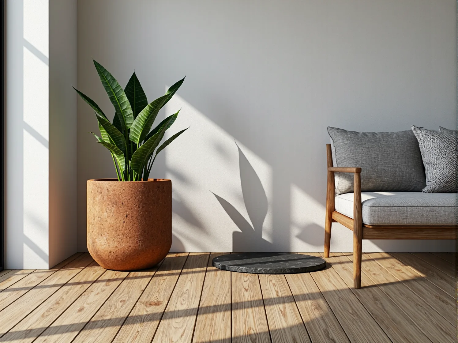 Subtelne dekoracje i rośliny doniczkowe na małym balkonie, tworzące harmonijną przestrzeń.