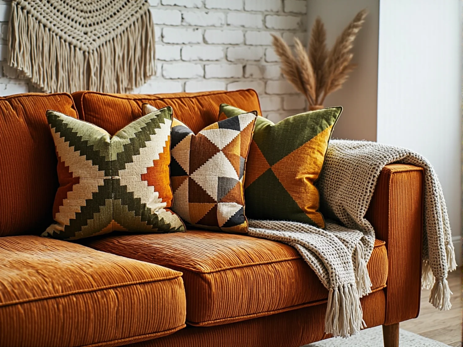 Dodatki w stylu vintage: mosiężna lampa podłogowa i rośliny doniczkowe w przytulnym kąciku.