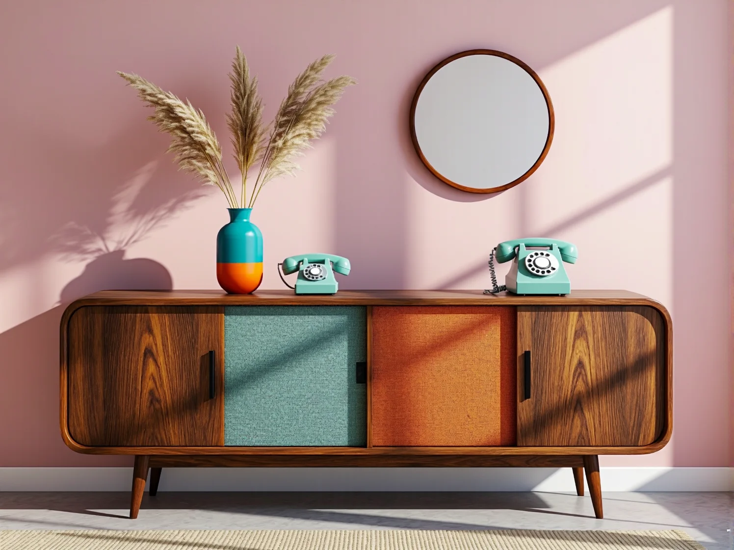 Drewniana komoda retro na nóżkach w ciepłych kolorach vintage.