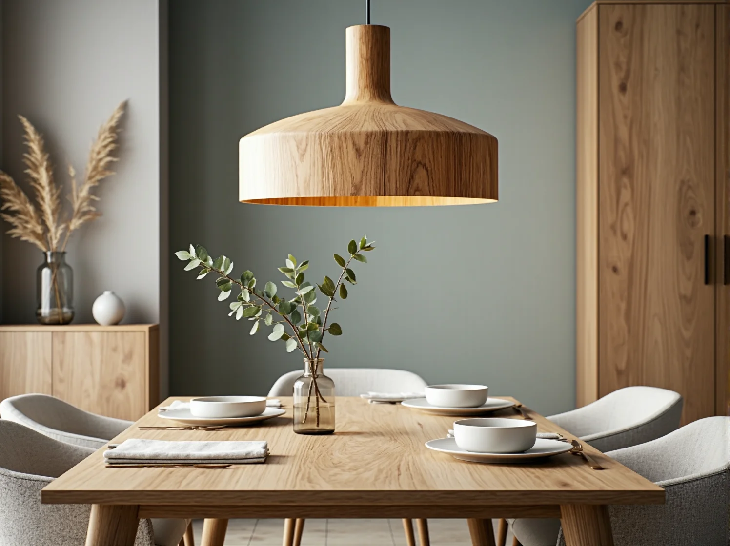 Drewniana lampa wisząca z ciepłym światłem w duchu hygge