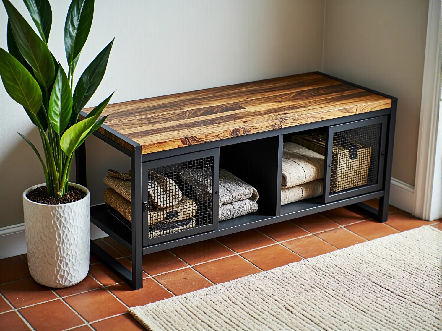 Drewniana ławka z pojemnym schowkiem w wąskim korytarzu, ułatwiająca organizację przestrzeni.