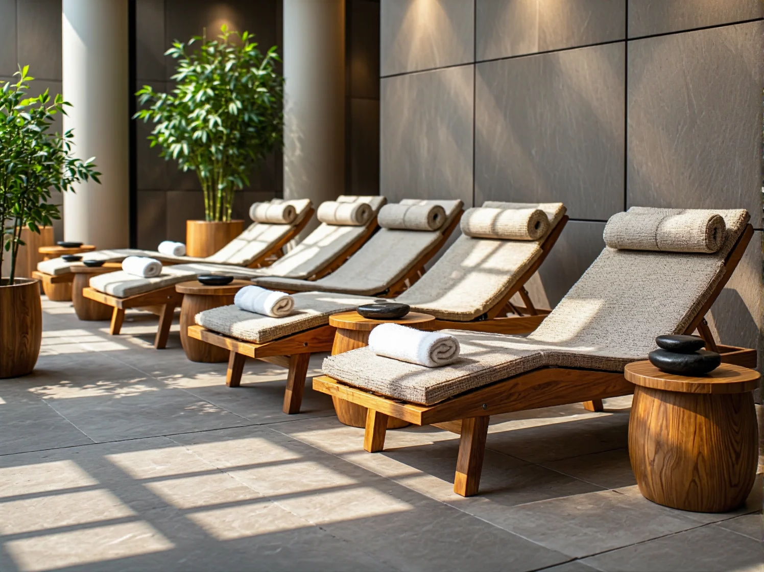 Drewniane leżaki ogrodowe z beżowymi poduszkami i zagłówkami