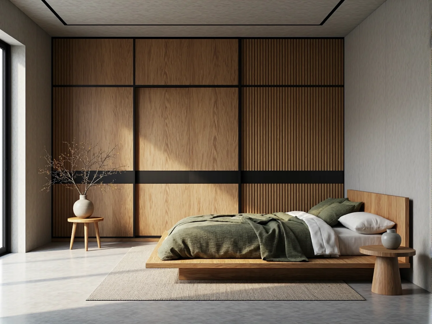 Drewniane meble i beżowe dodatki optycznie powiększające małą przestrzeń w stylu japandi.