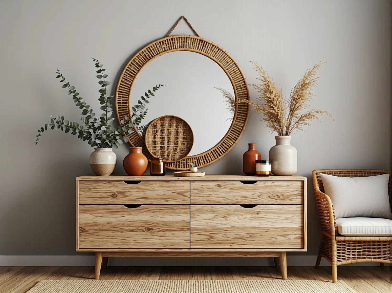 Drewniane meble i rośliny doniczkowe w jadalni skandynawskiej.