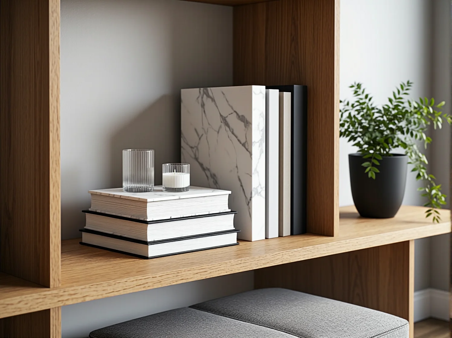 Detale materiałowe drewnianego regału ze złotymi akcentami w stylu modern classic.