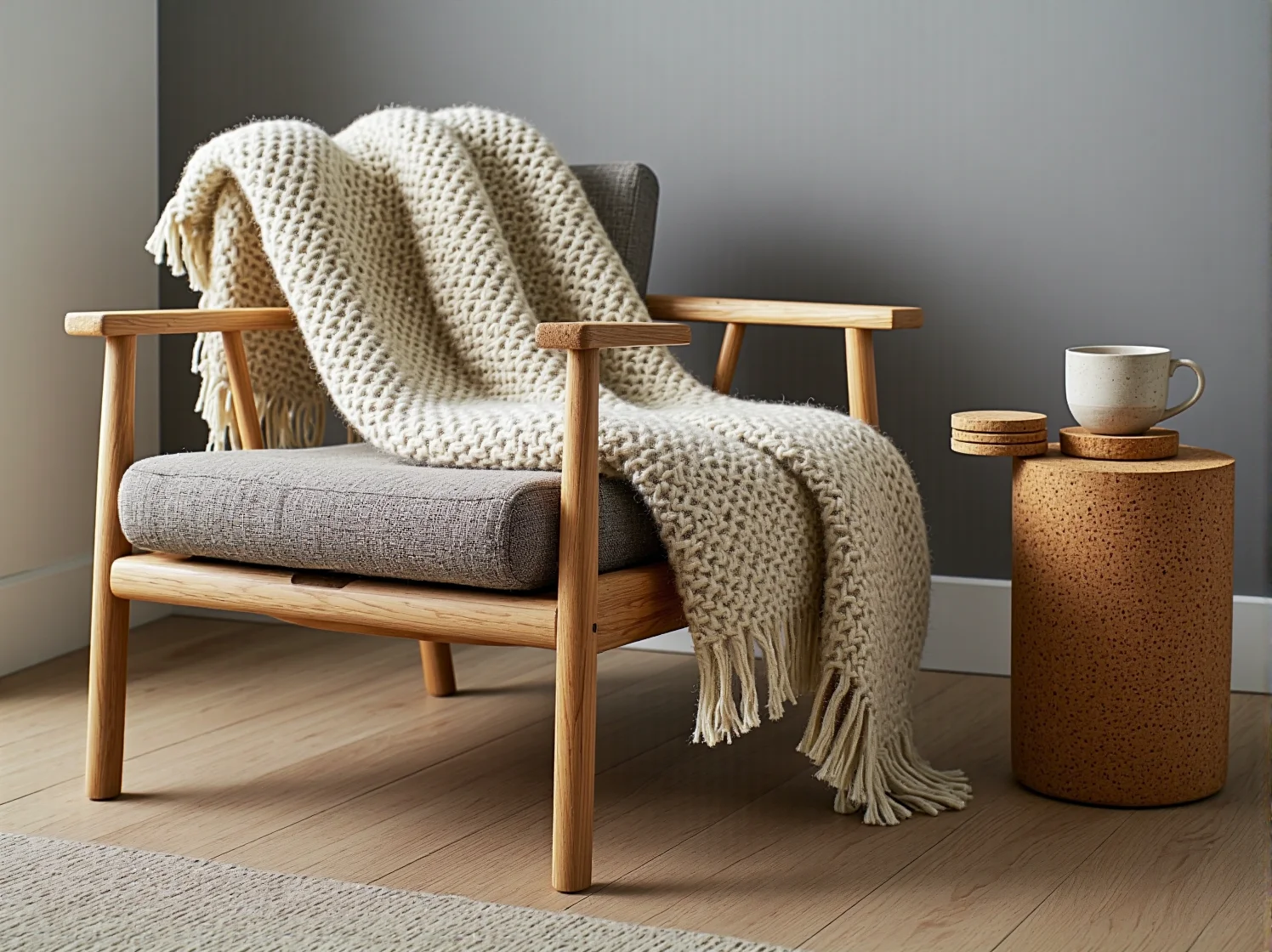 Drewniany stół dębowy i kamienne detale w harmonijnym wnętrzu skandynawskim.