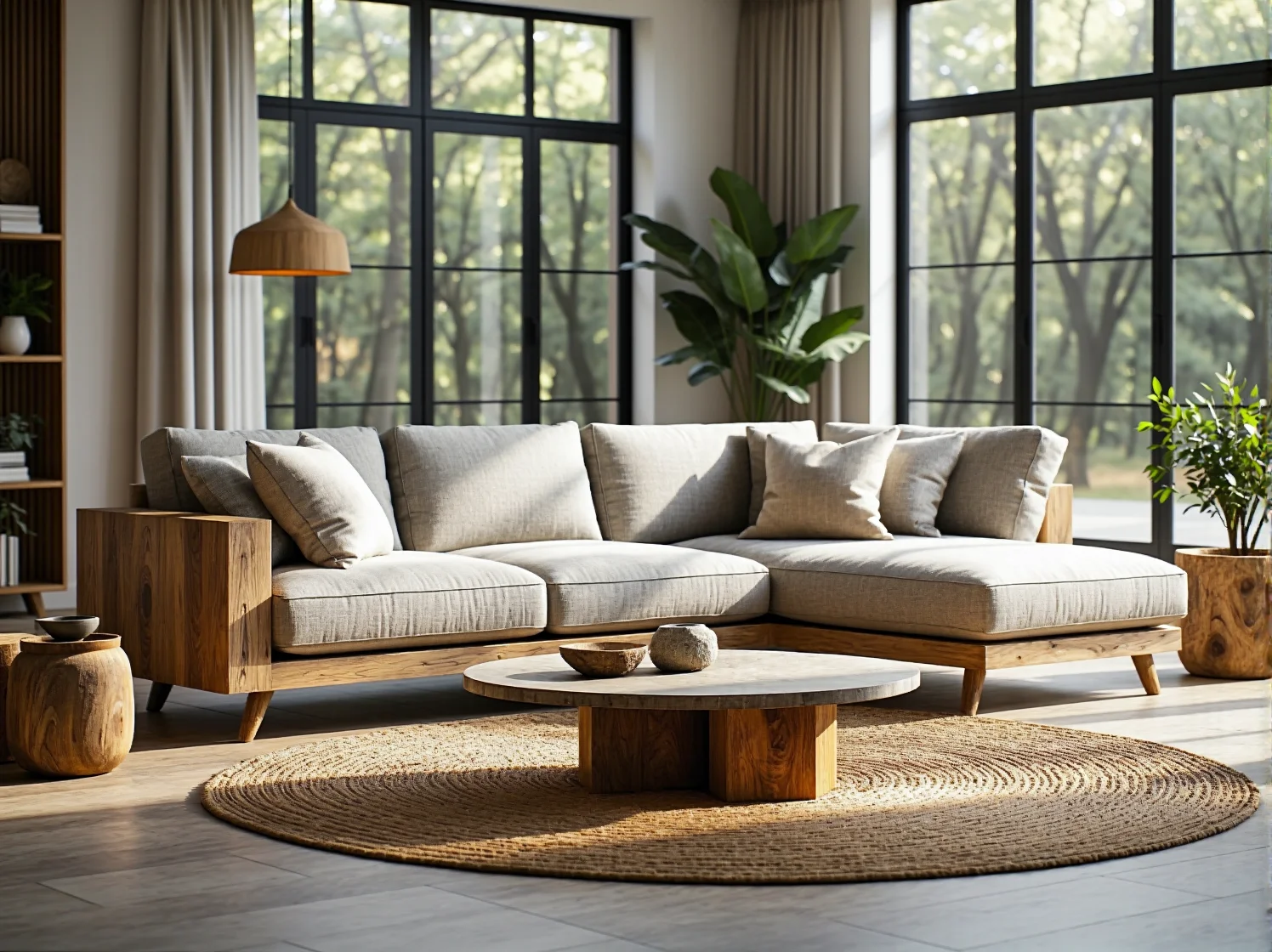 Narożnik wypoczynkowy beżowy z drewnianą ramą i poduszkami