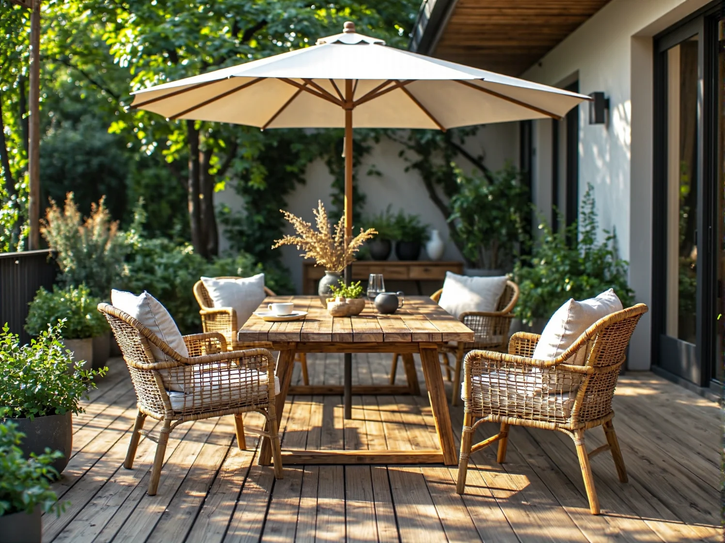 Rattanowy zestaw ogrodowy z drewnianym stołem i parasolem