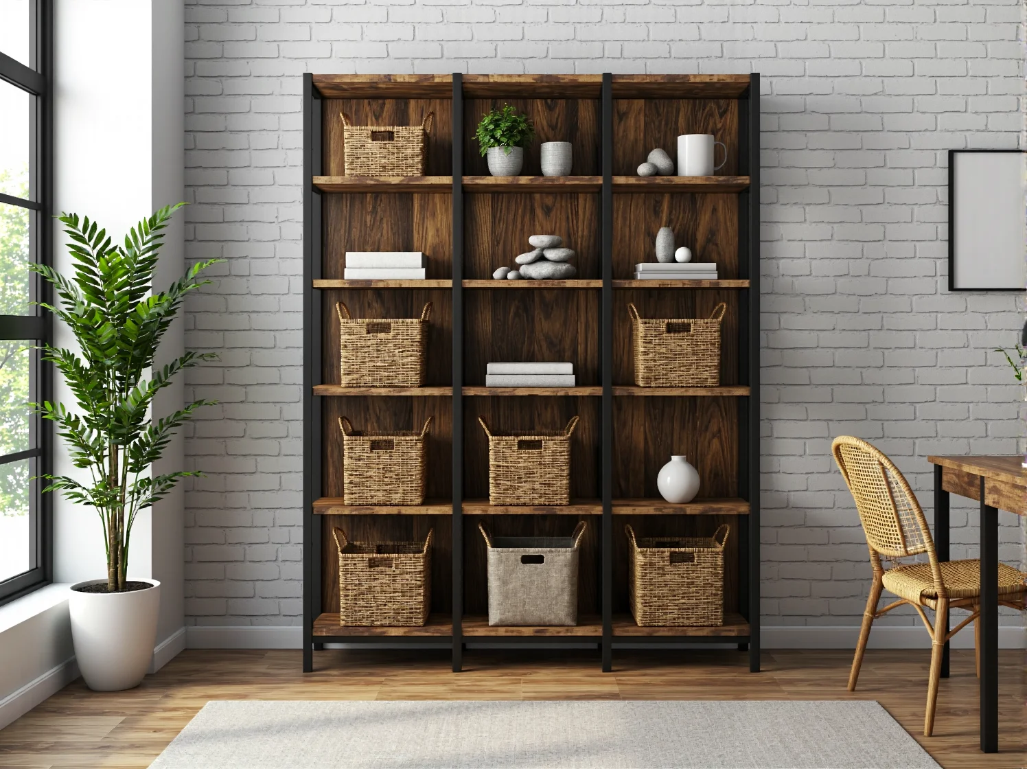 Ekologiczny regał na książki z drewna z odzysku w stylowym, zrównoważonym wnętrzu.