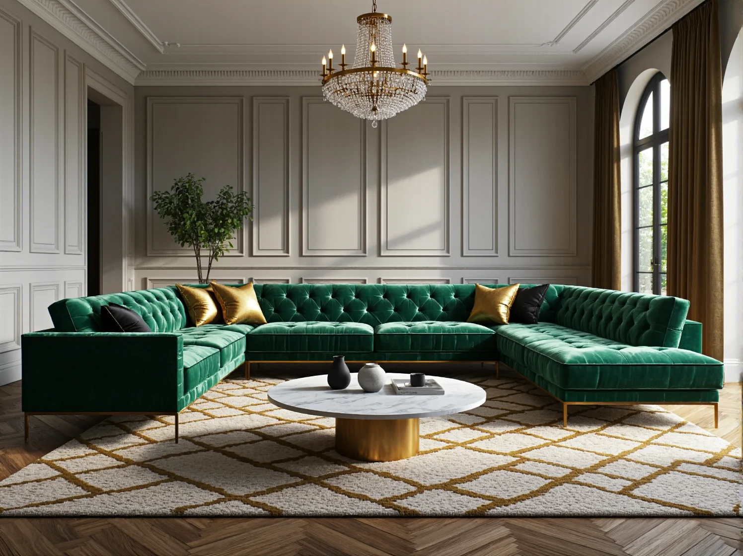 Narożnik welurowy butelkowa zieleń pikowany z złotymi nóżkami