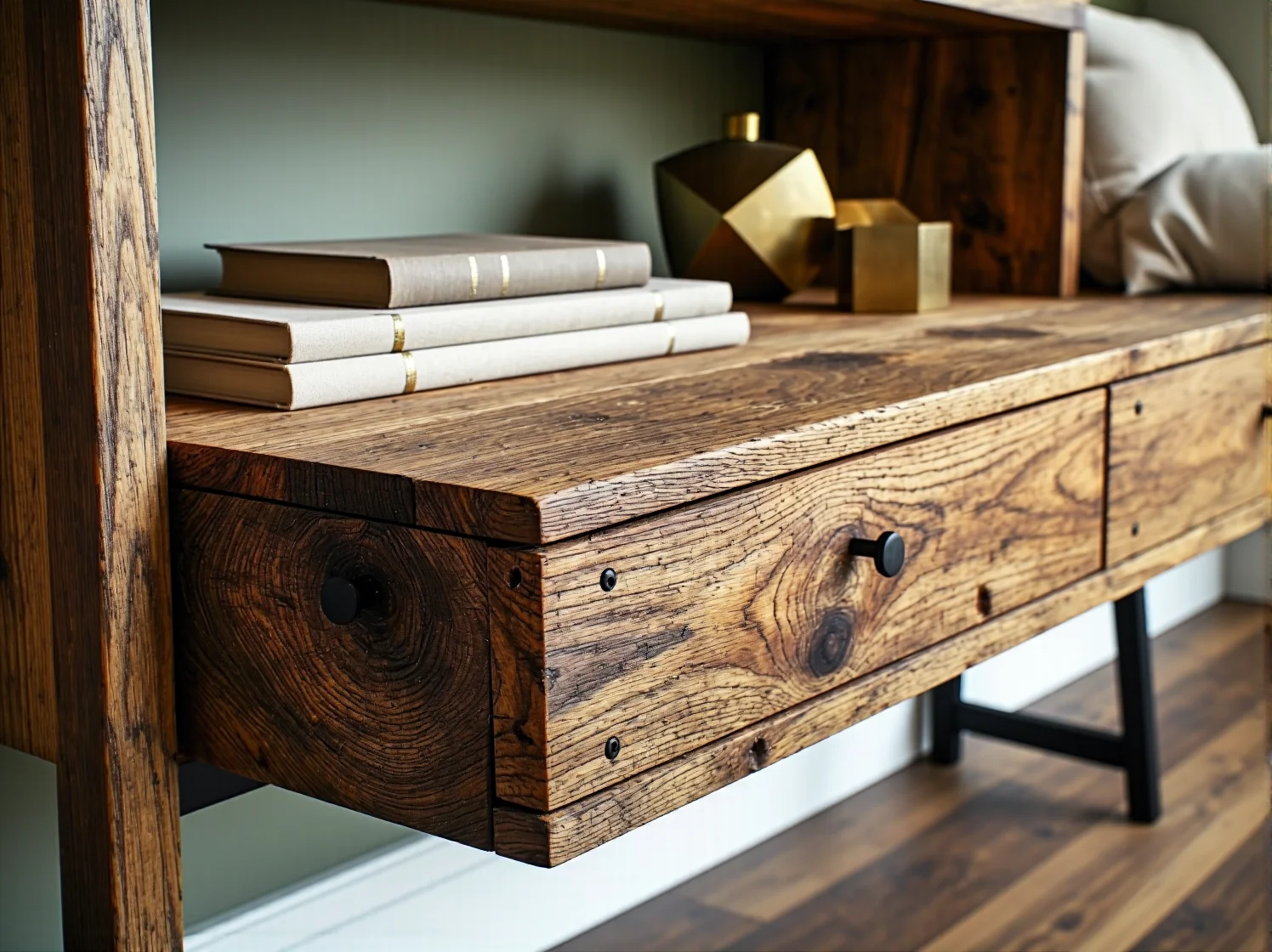 Zbliżenie na detale i słoje regału z recyklingowanego drewna, podkreślające jego naturalne piękno.