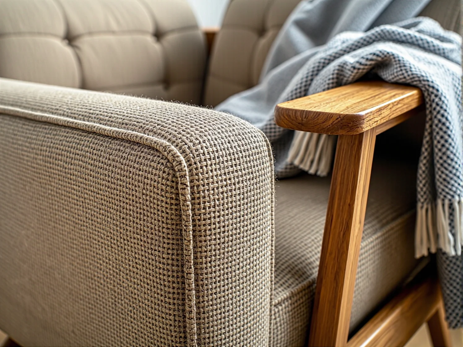 Drewniany fotel z jasną bawełnianą tapicerką idealny do wnętrz skandynawskich.