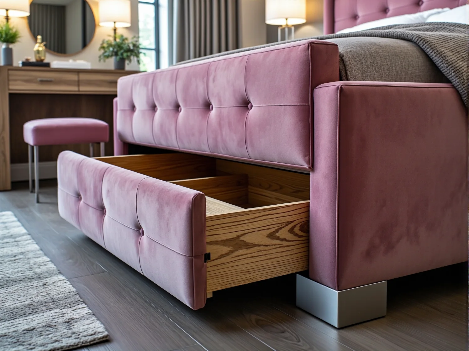 Funkcjonalne łóżko glamour z praktycznym pojemnikiem na pościel.