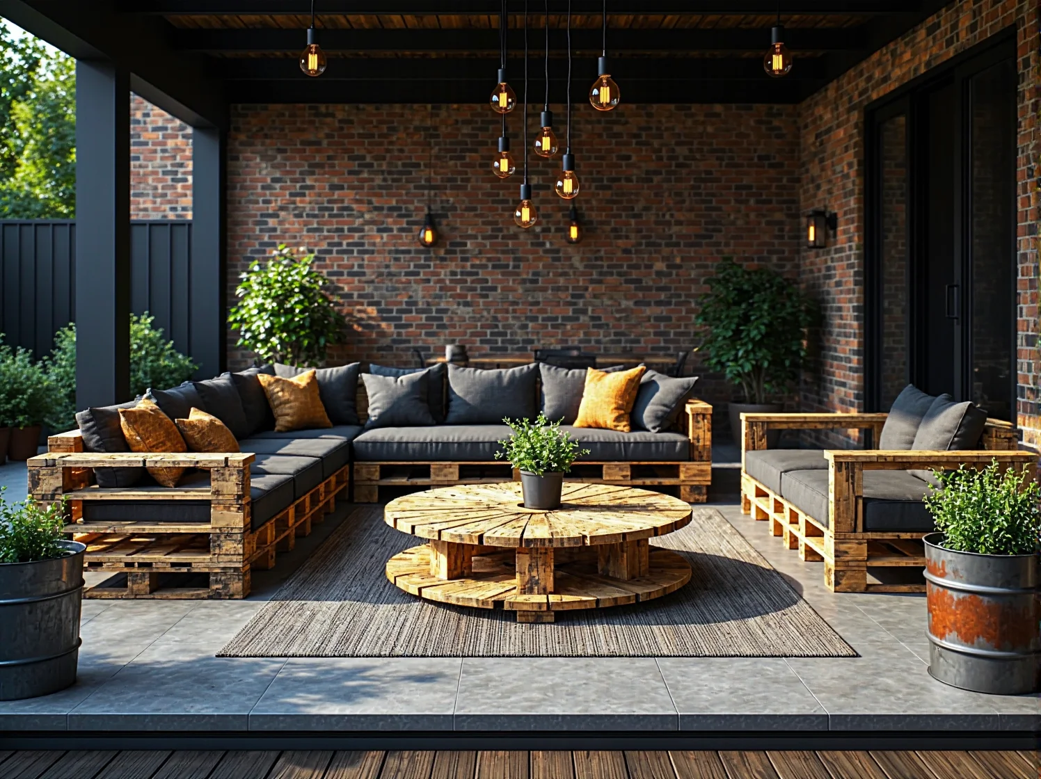 Narożnik ogrodowy z palet z grafitowymi poduszkami