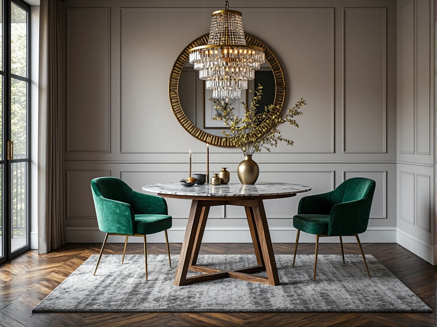 Okrągły stół z marmurowym blatem i drewnianymi nogami