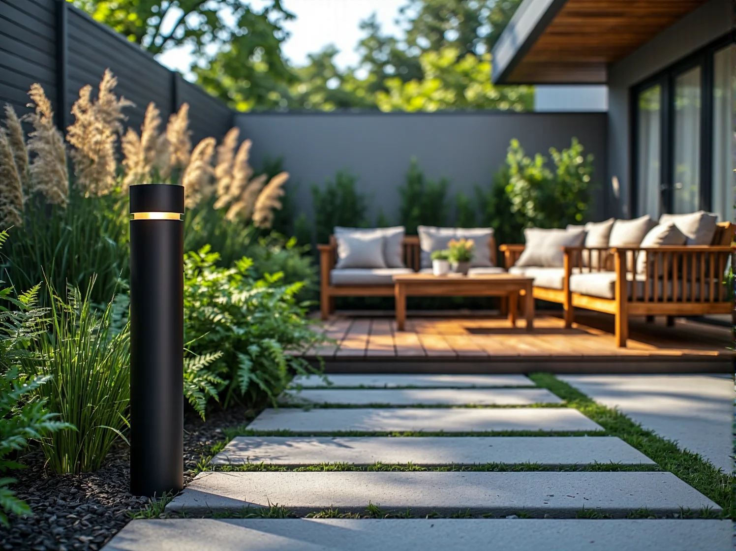 Drewniany zestaw wypoczynkowy ogrodowy z jasnymi poduszkami