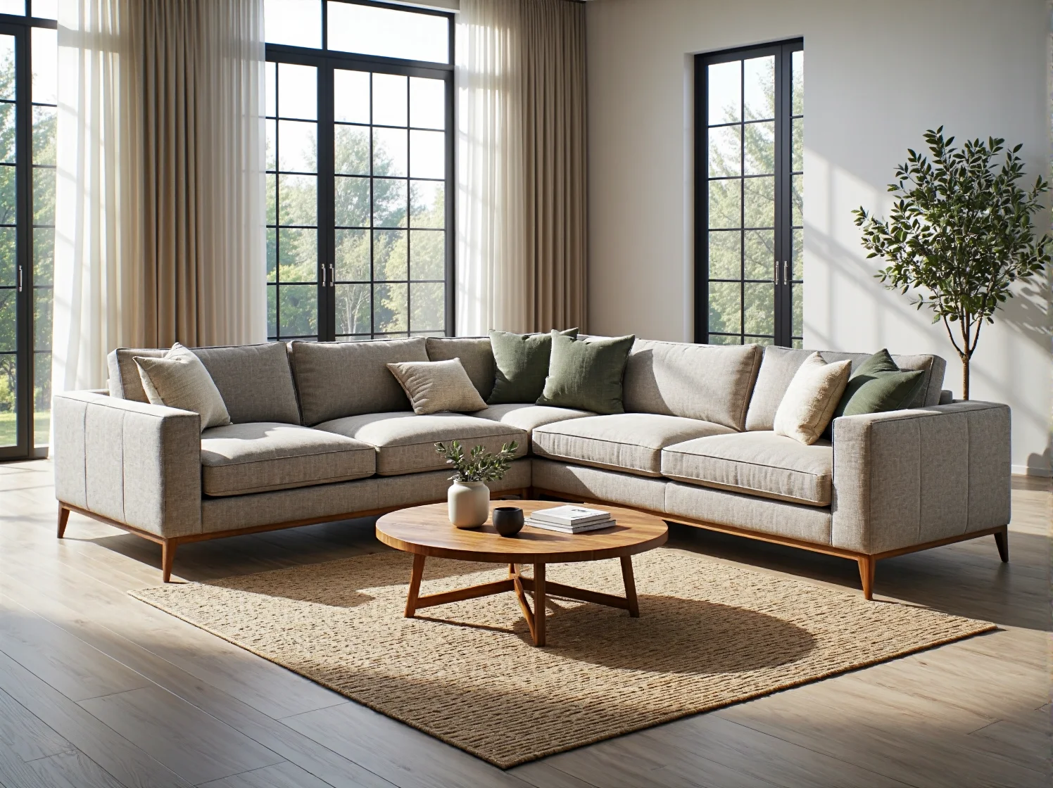 Narożnik wypoczynkowy beżowy na drewnianych nóżkach z poduszkami