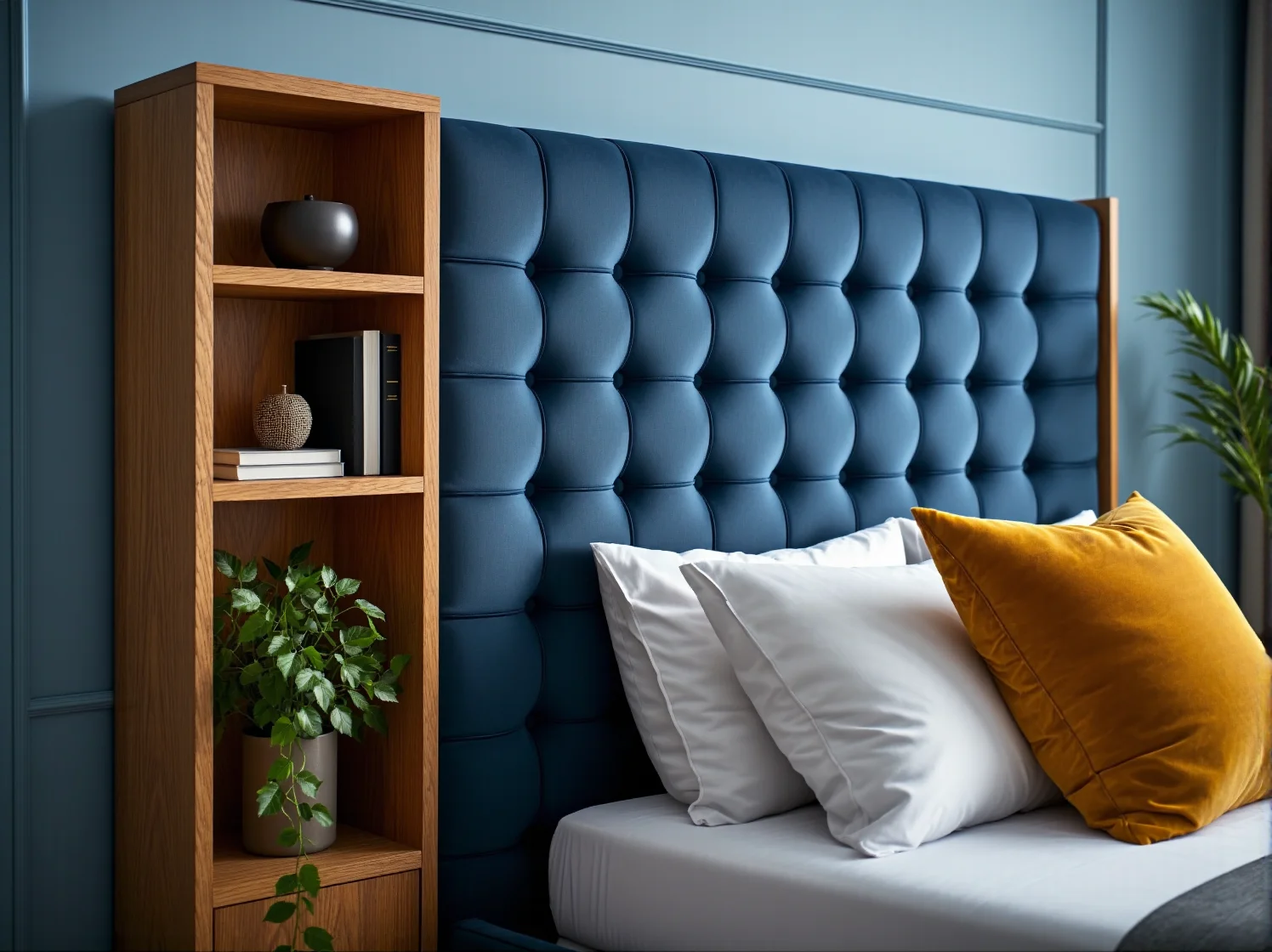 Jasna aranżacja małej sypialni z eleganckim łóżkiem kontynentalnym w centrum.