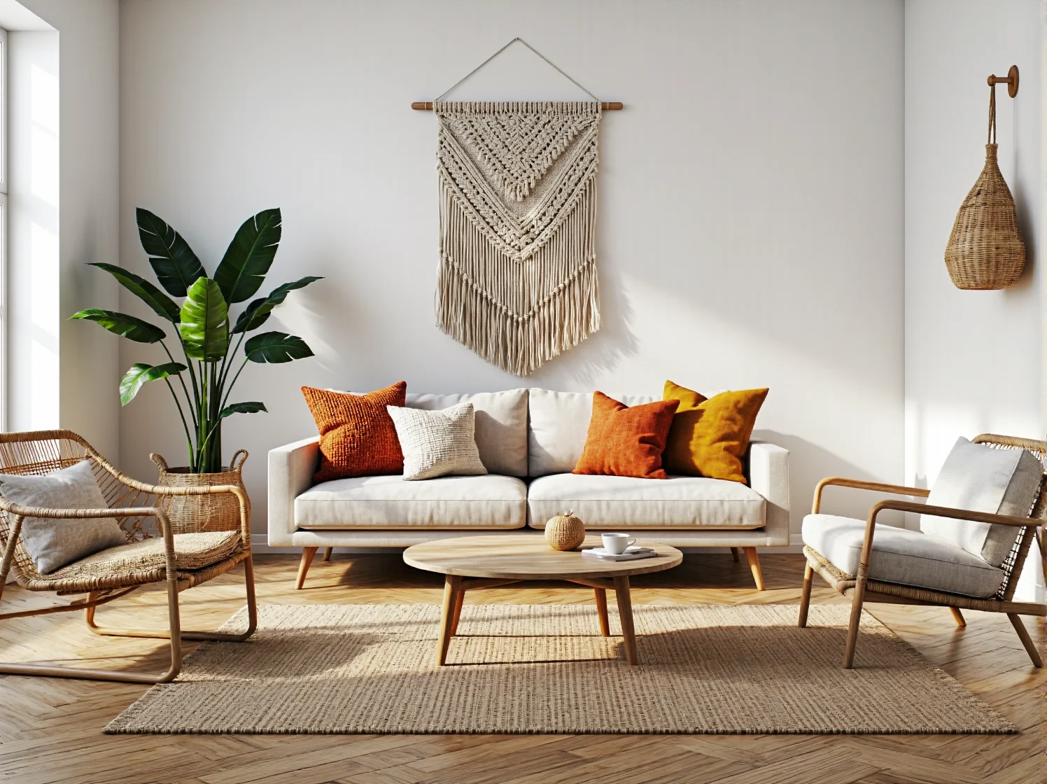 Beżowa sofa trzyosobowa na drewnianych nóżkach z poduszkami