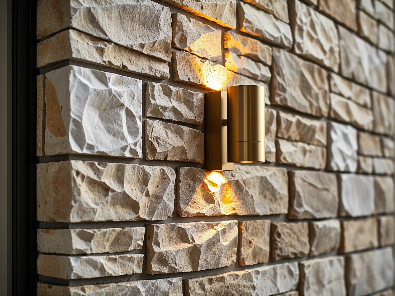 Zewnętrzne kinkiety ścienne oświetlające dekoracyjną ścianę z naturalnego kamienia.