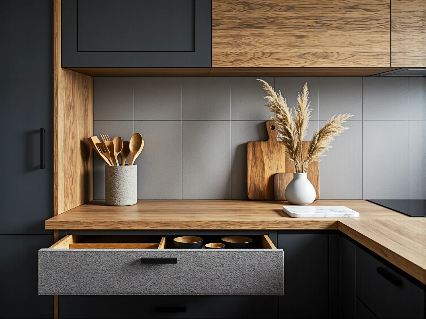 Grafitowe szafki kuchenne z dębowym blatem i szufladą