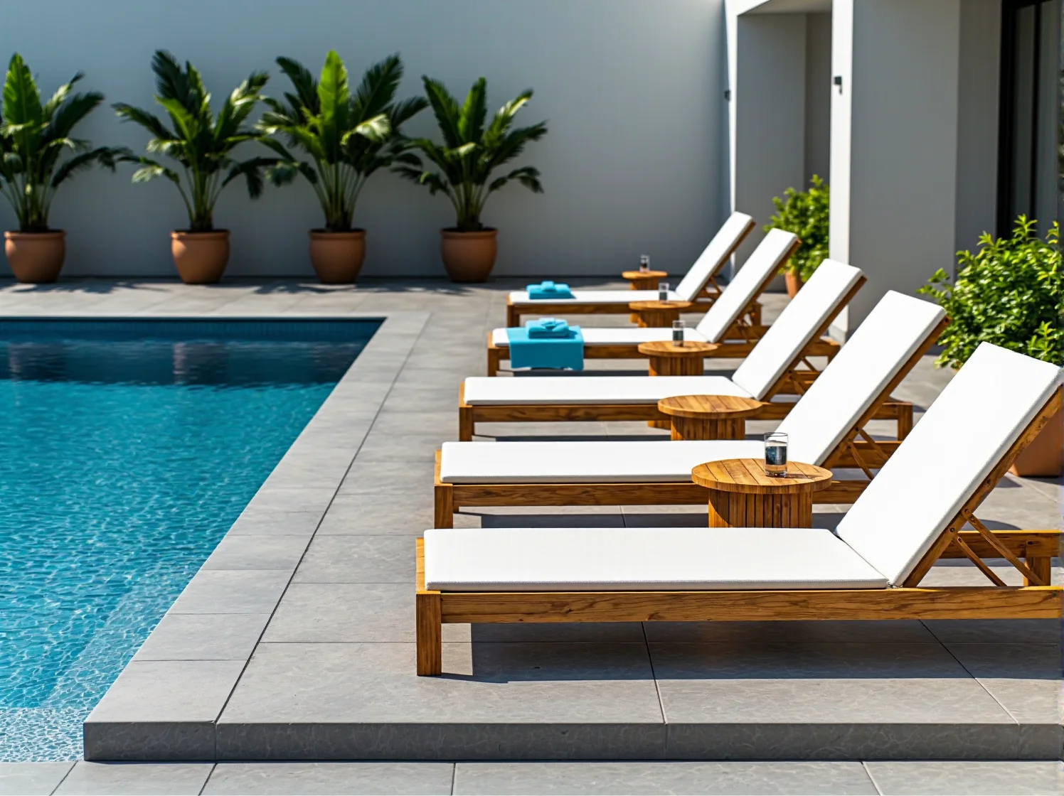 Drewniane leżaki ogrodowe z białym obiciem i stolikami