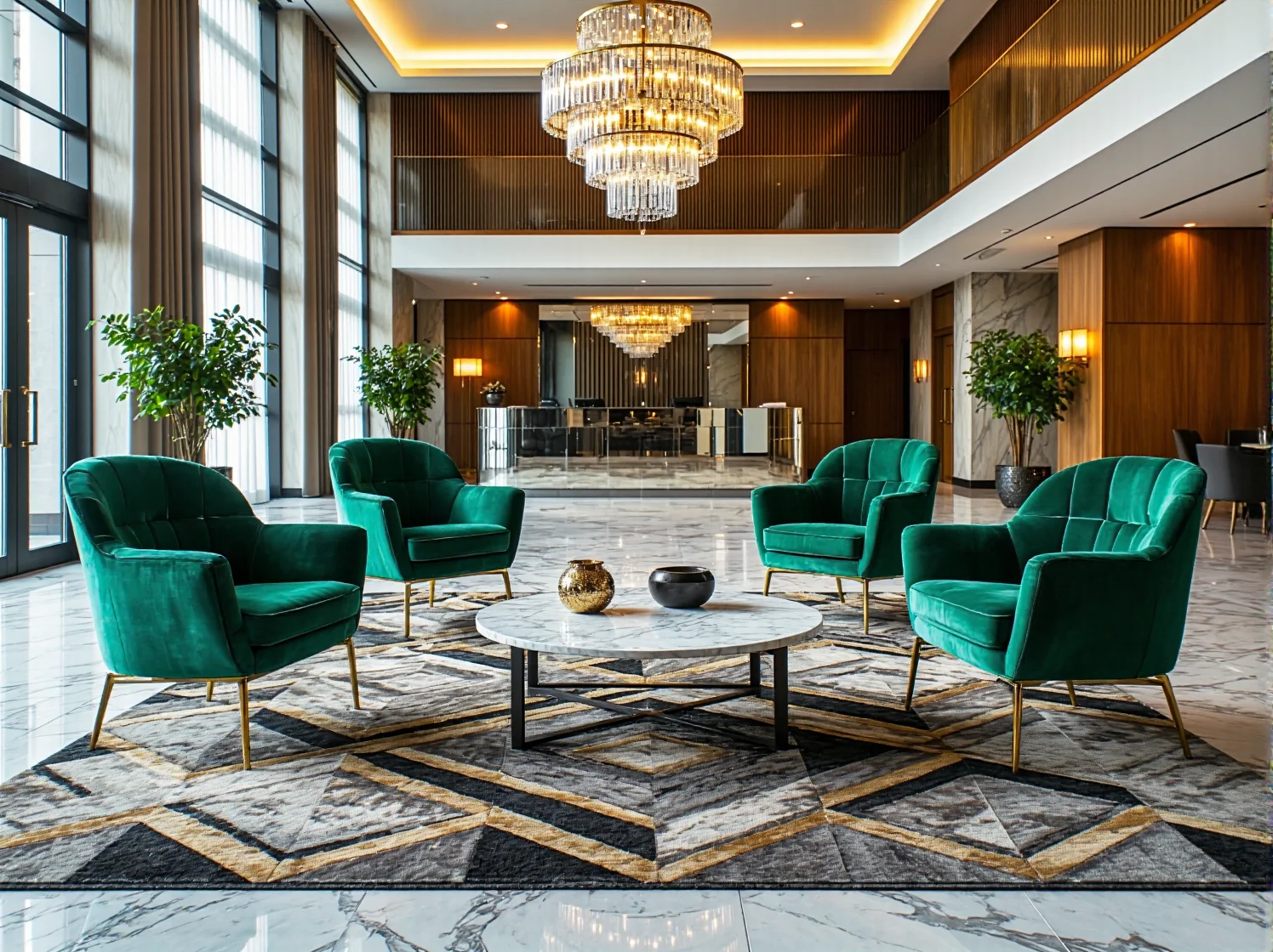 Elegancki fotel tapicerowany zielony na złotych metalowych nogach