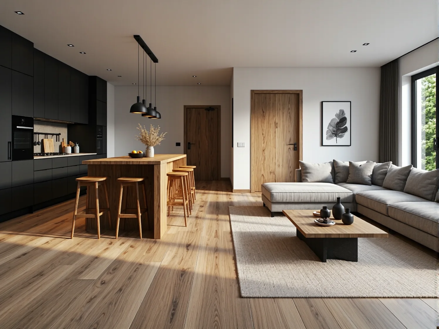 Narożnik wypoczynkowy szary z poduszkami i drewniany stolik kawowy