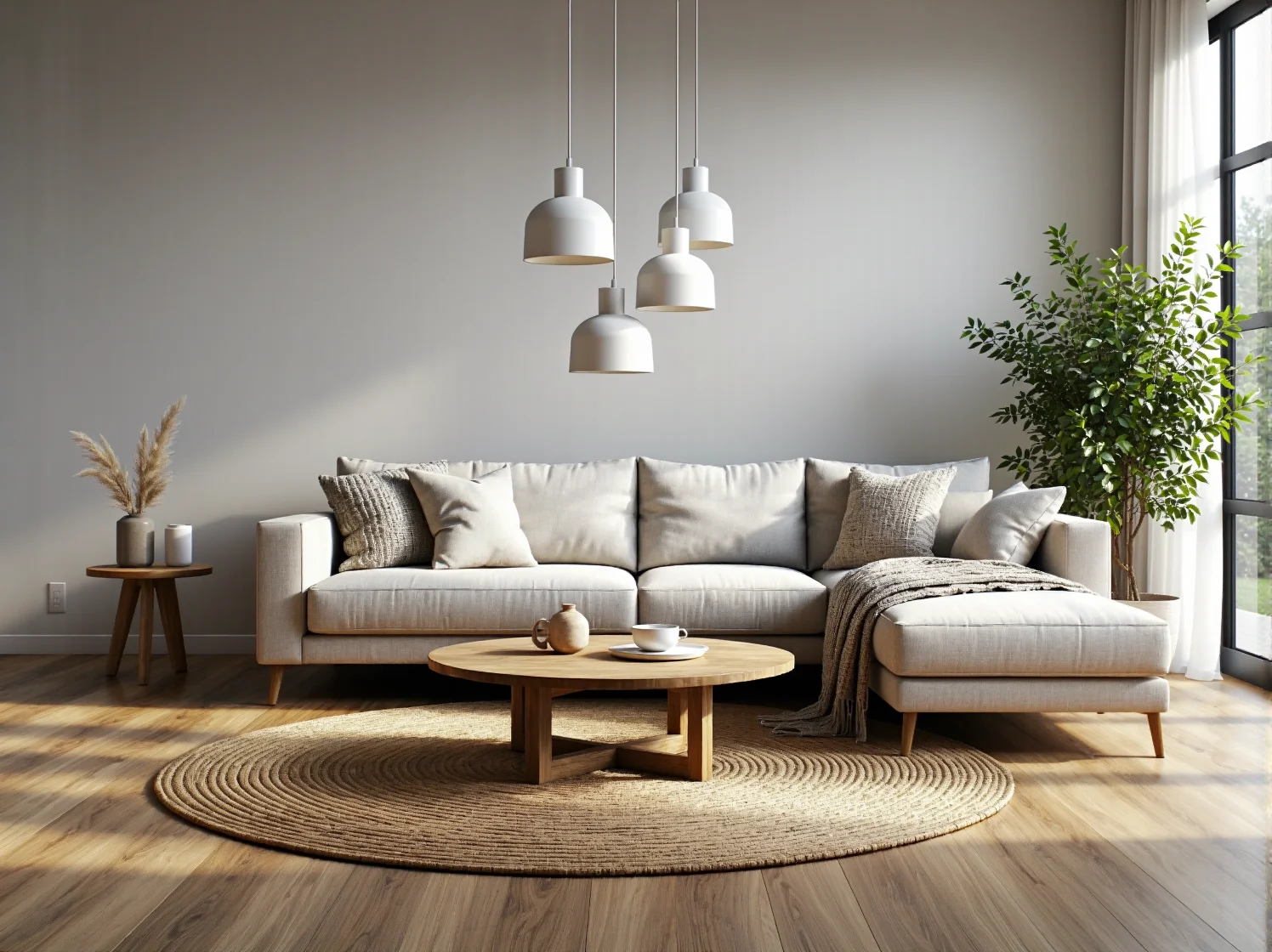 Narożnik wypoczynkowy kremowy na drewnianych nóżkach z poduszkami