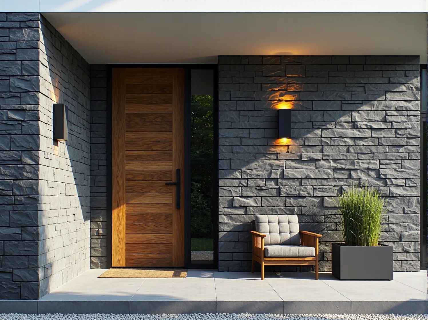Drewniane drzwi wejściowe w szarej elewacji z kamienia