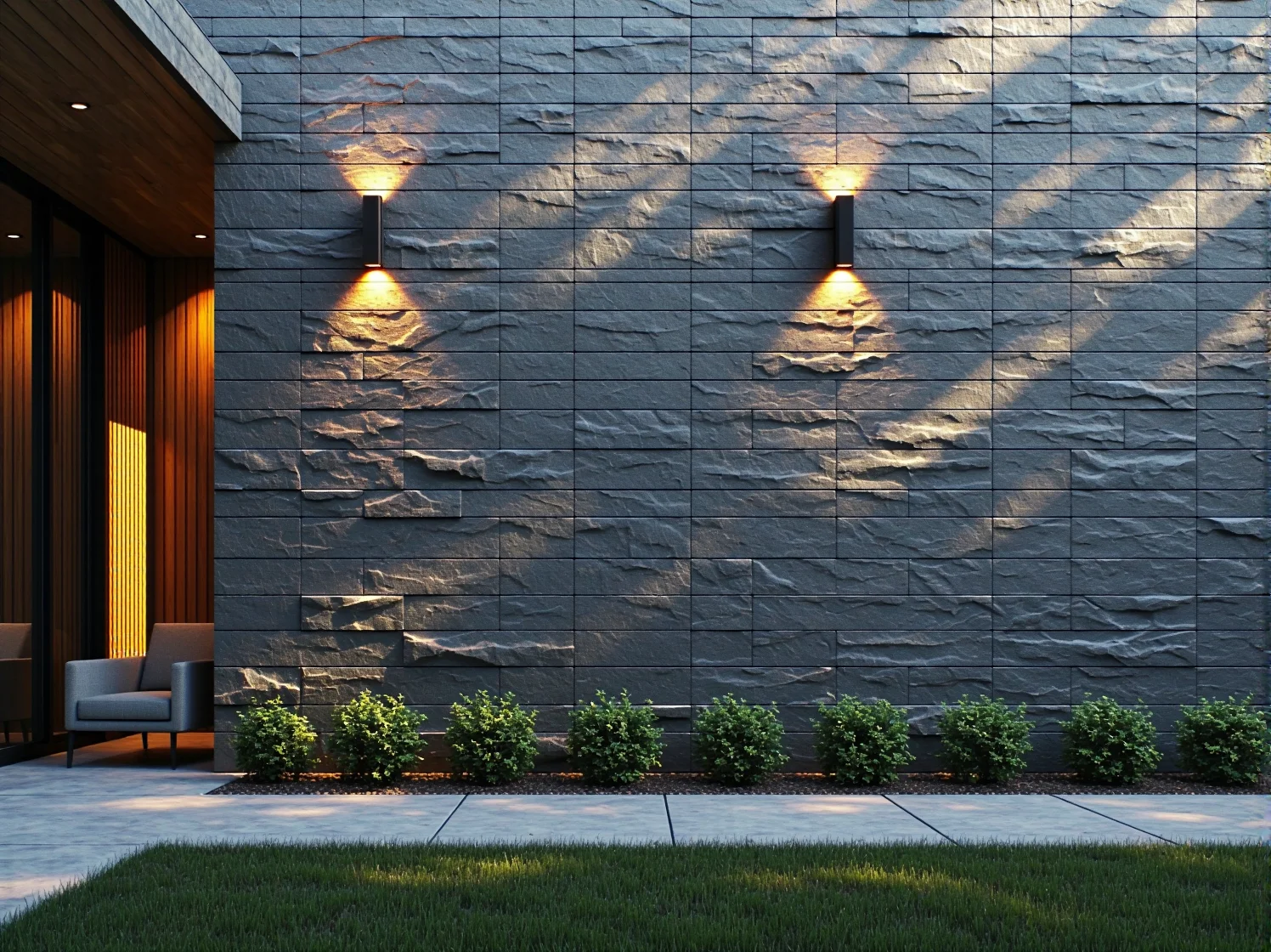Grafitowe płyty elewacyjne imitujące kamień naturalny z kinkietami