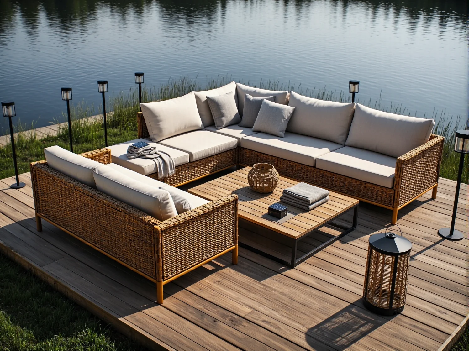 Narożnik ogrodowy rattanowy z jasnymi poduszkami i stolikiem