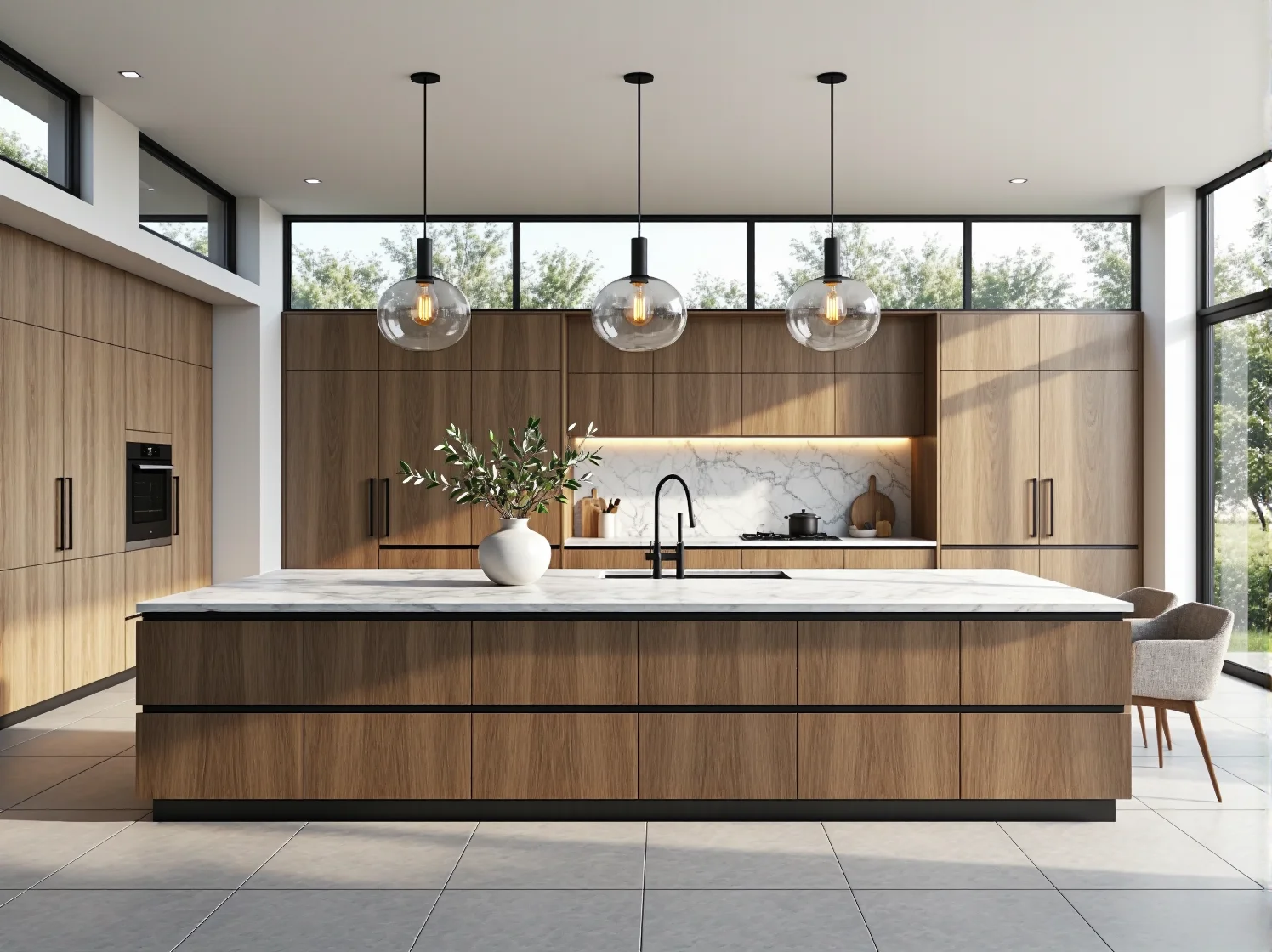 Nowoczesna zabudowa kuchenna dębowa z wyspą i marmurowym blatem