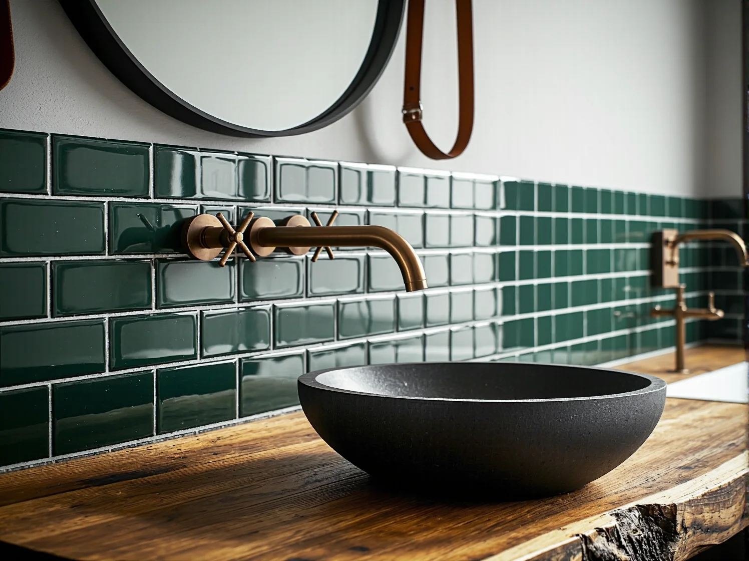 Łazienka hotelowa o industrialnym charakterze z czarnymi, metalowymi oprawami i szarym betonem.