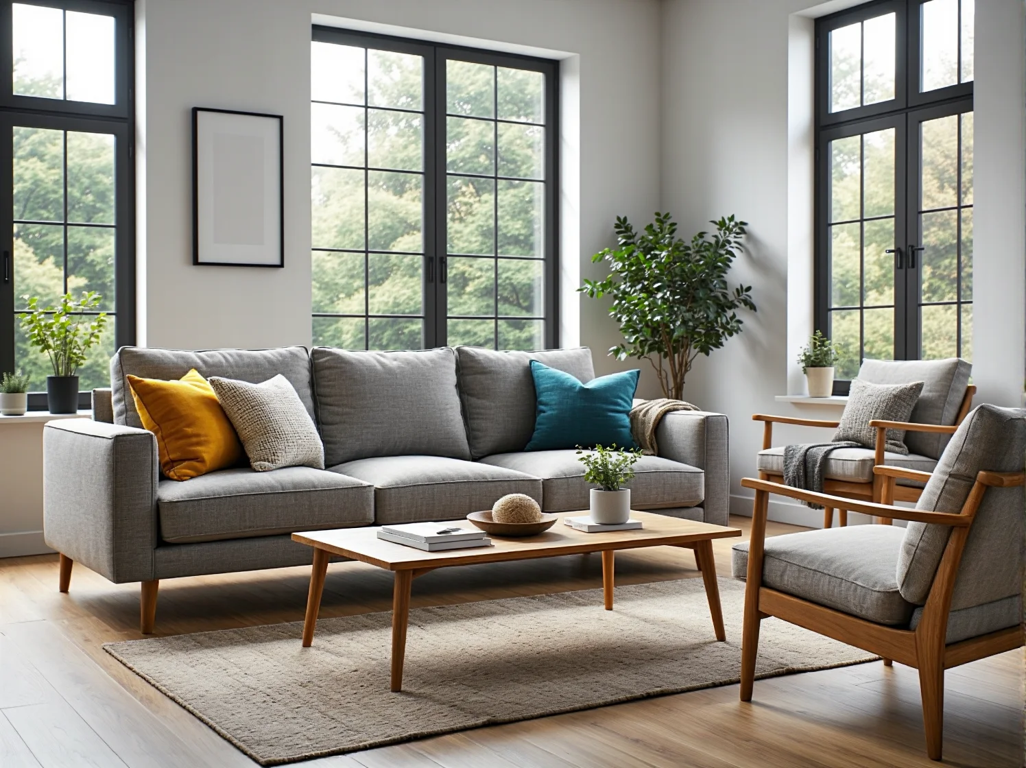 Szary komplet wypoczynkowy z sofą i fotelem na drewnianych nogach