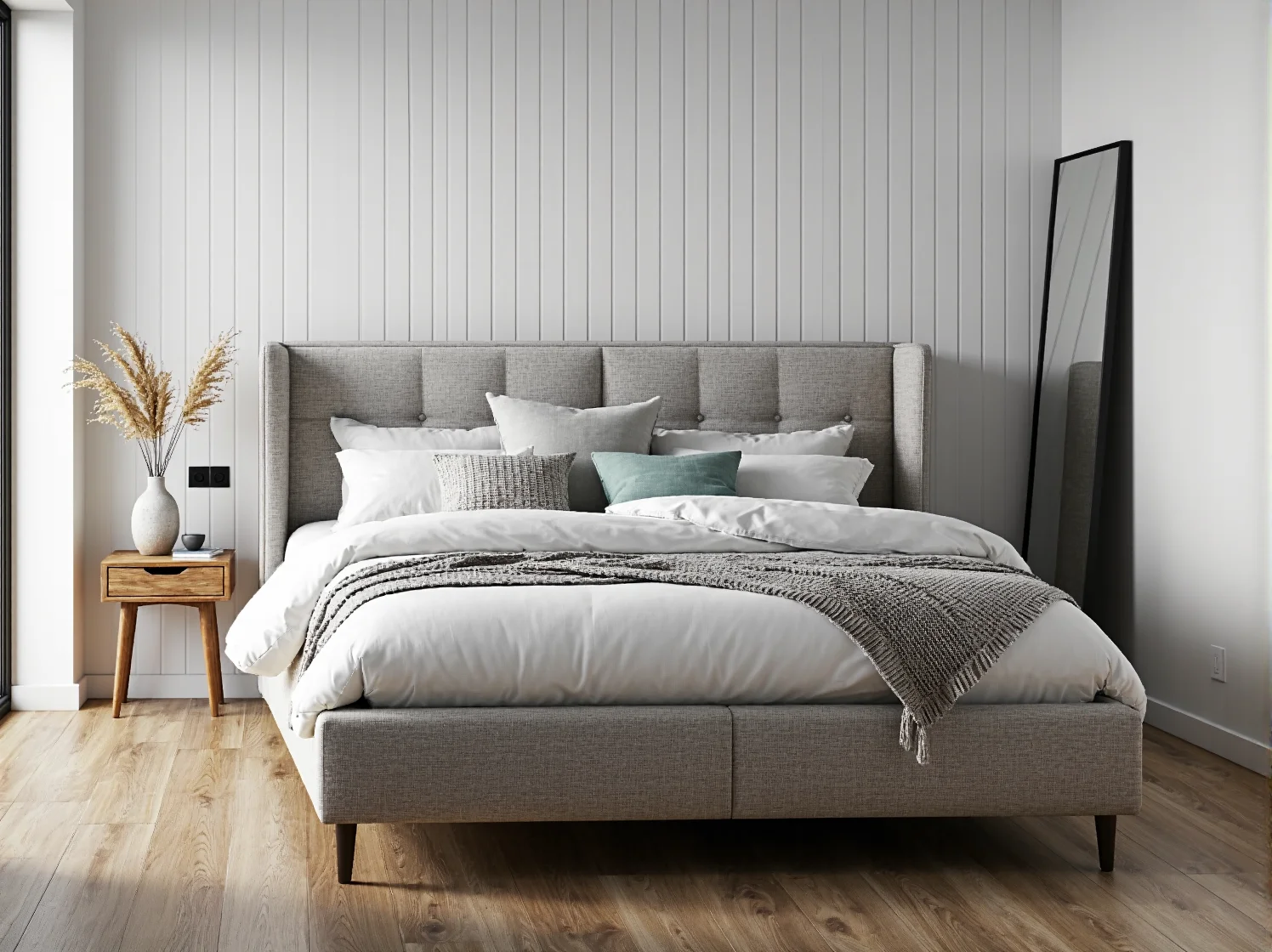Tapicerowane łóżko sypialniane szare z pikowanym zagłówkiem